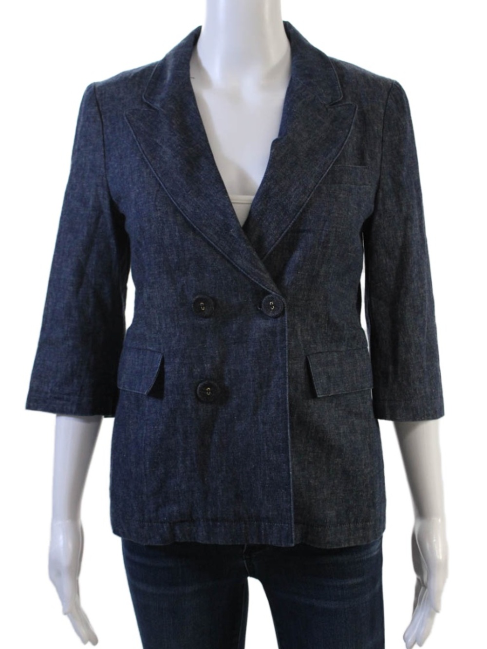 Marni Women's Denim Double Breasted 3/4 Sleeve Unlined Blazer Blue Size XL